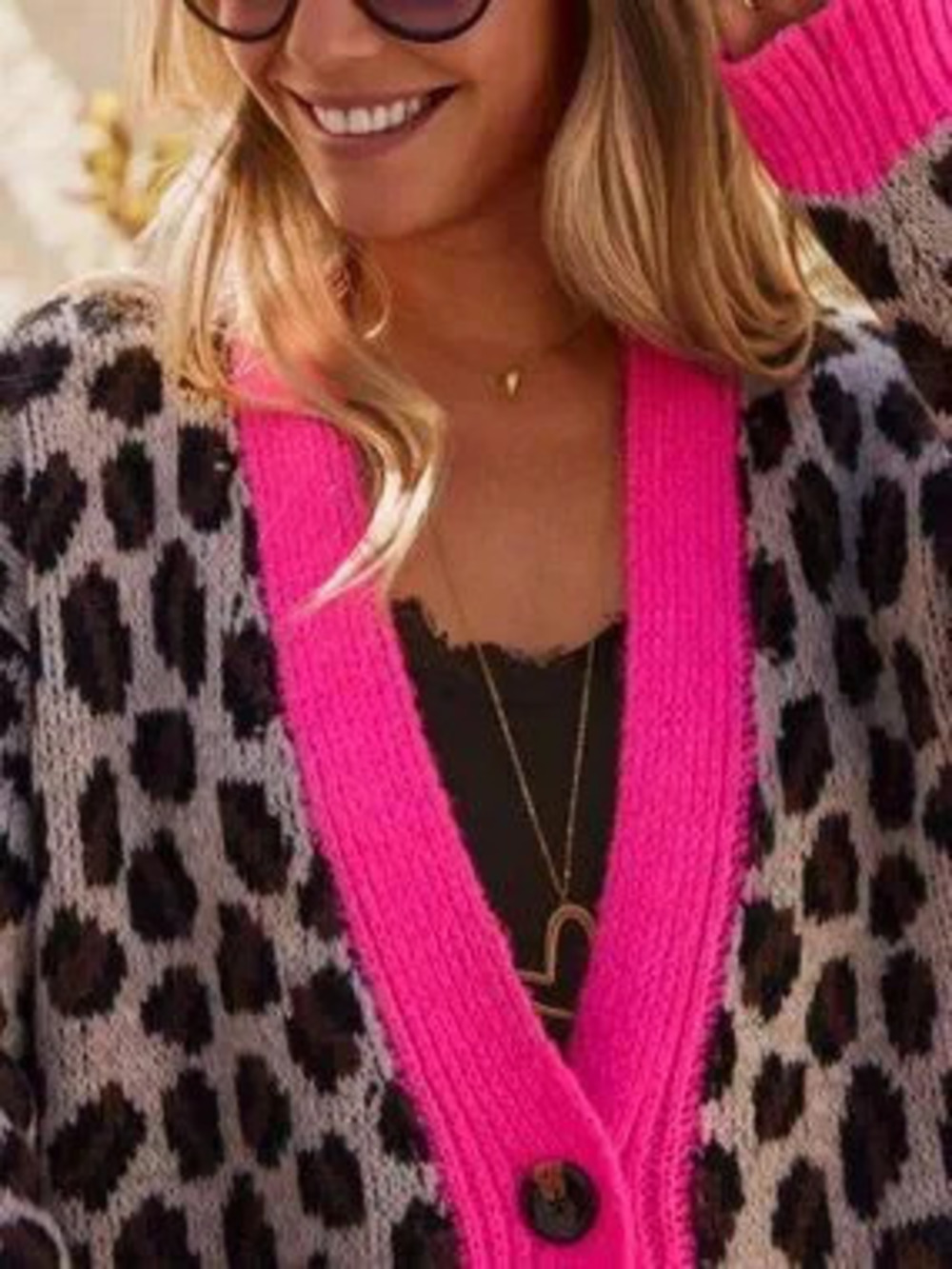 Multicolor Women's Leopard Print Contrast Binding V-Neck Button Cardigan